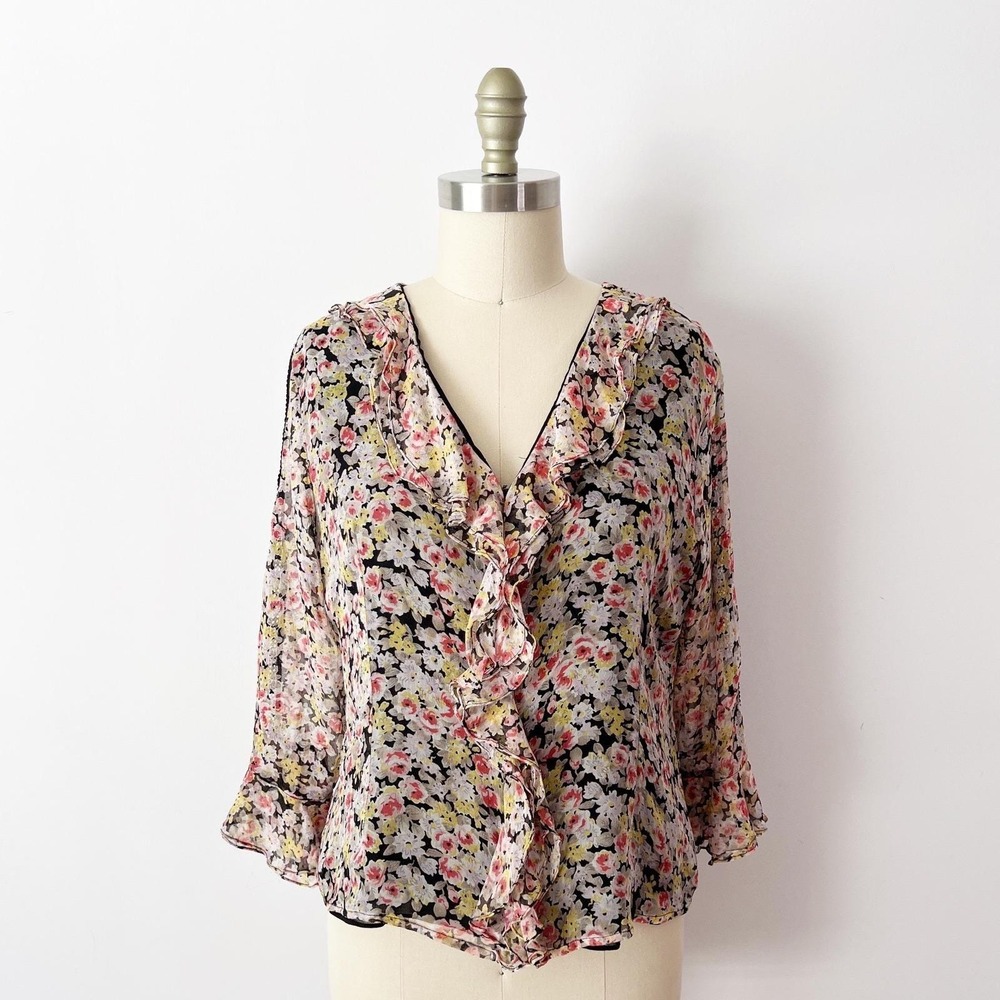 SIZE M Edward Silk Floral Blouse Black Ruffle V-Neck Lace Trim 3/4 Sleeve Top